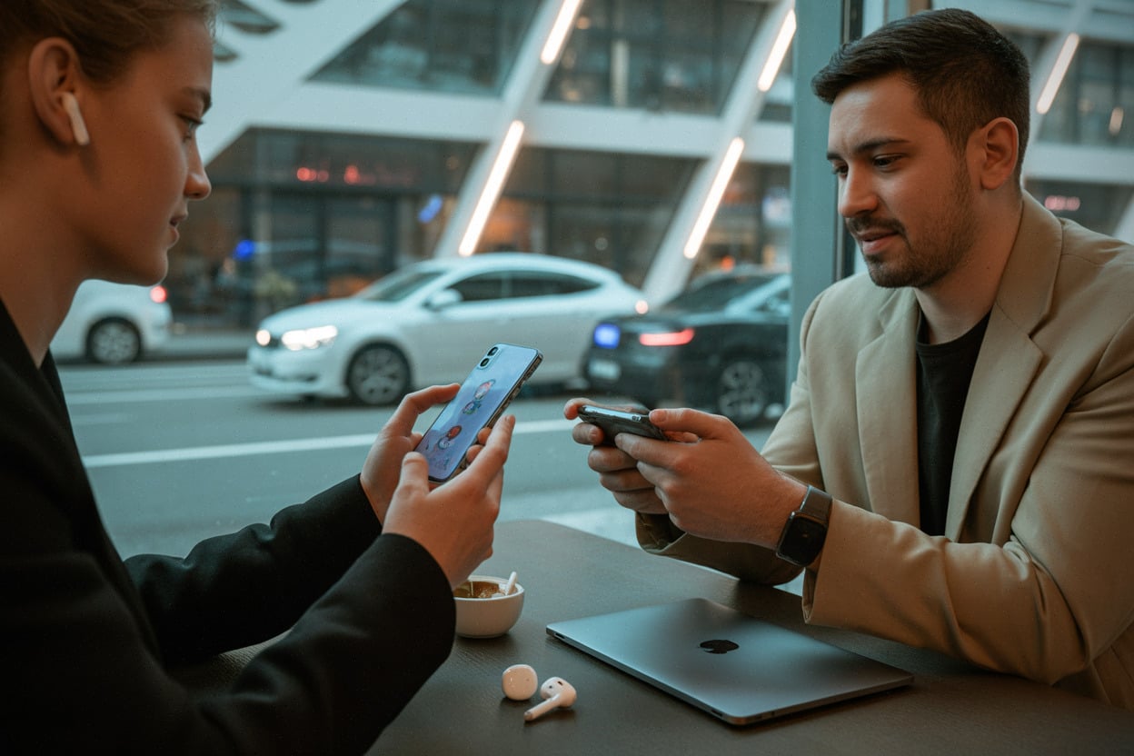 Joueurs discutant d’UltraPool sur iOS dans un café moderne