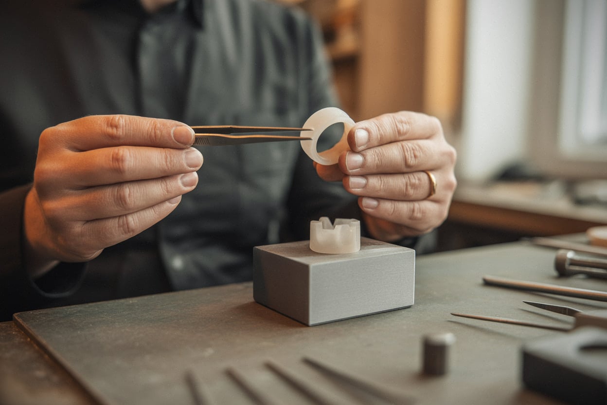 Maquette en cire d’une bague, contrôle de volume et confort en atelier