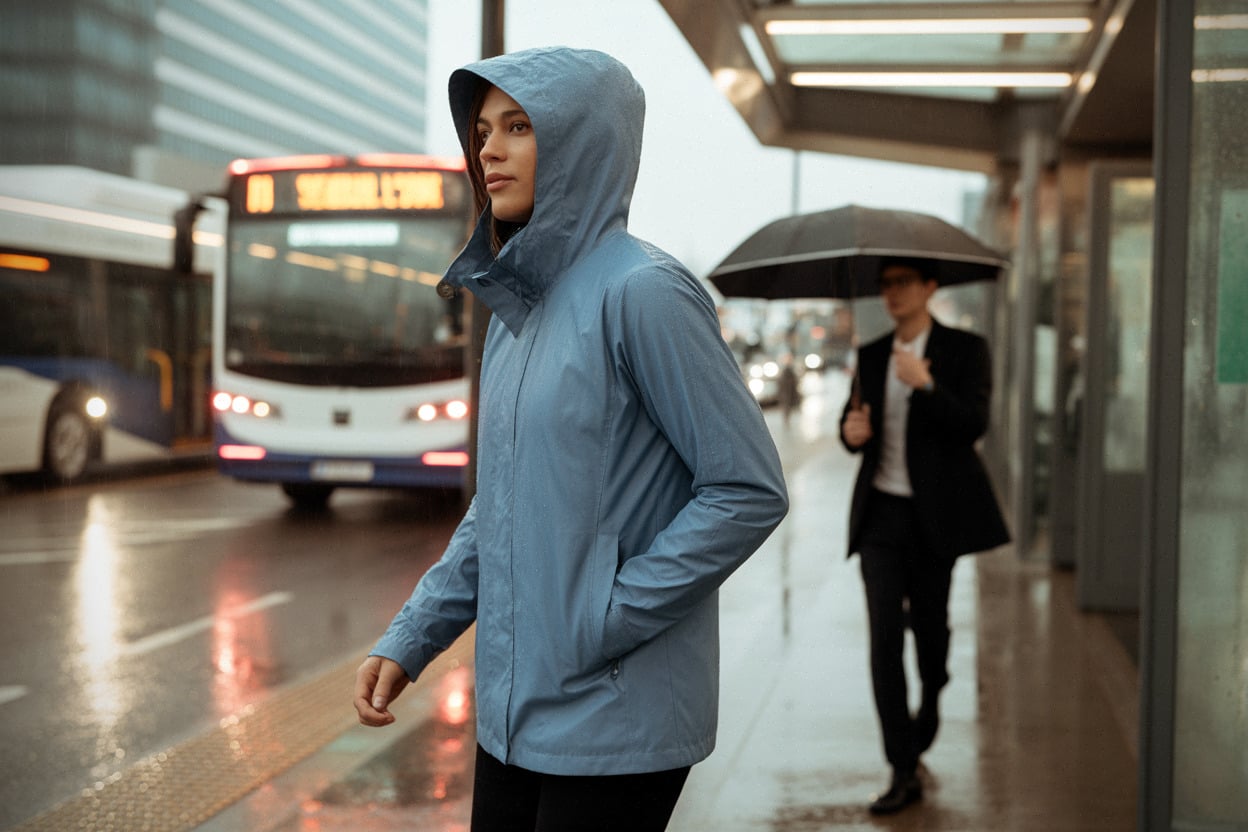 Veste de pluie K-Way portée en ville sous une averse, capuche et protection