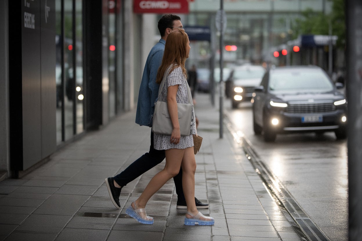 Jelly shoes portées en ville, test d’adhérence sur trottoir humide