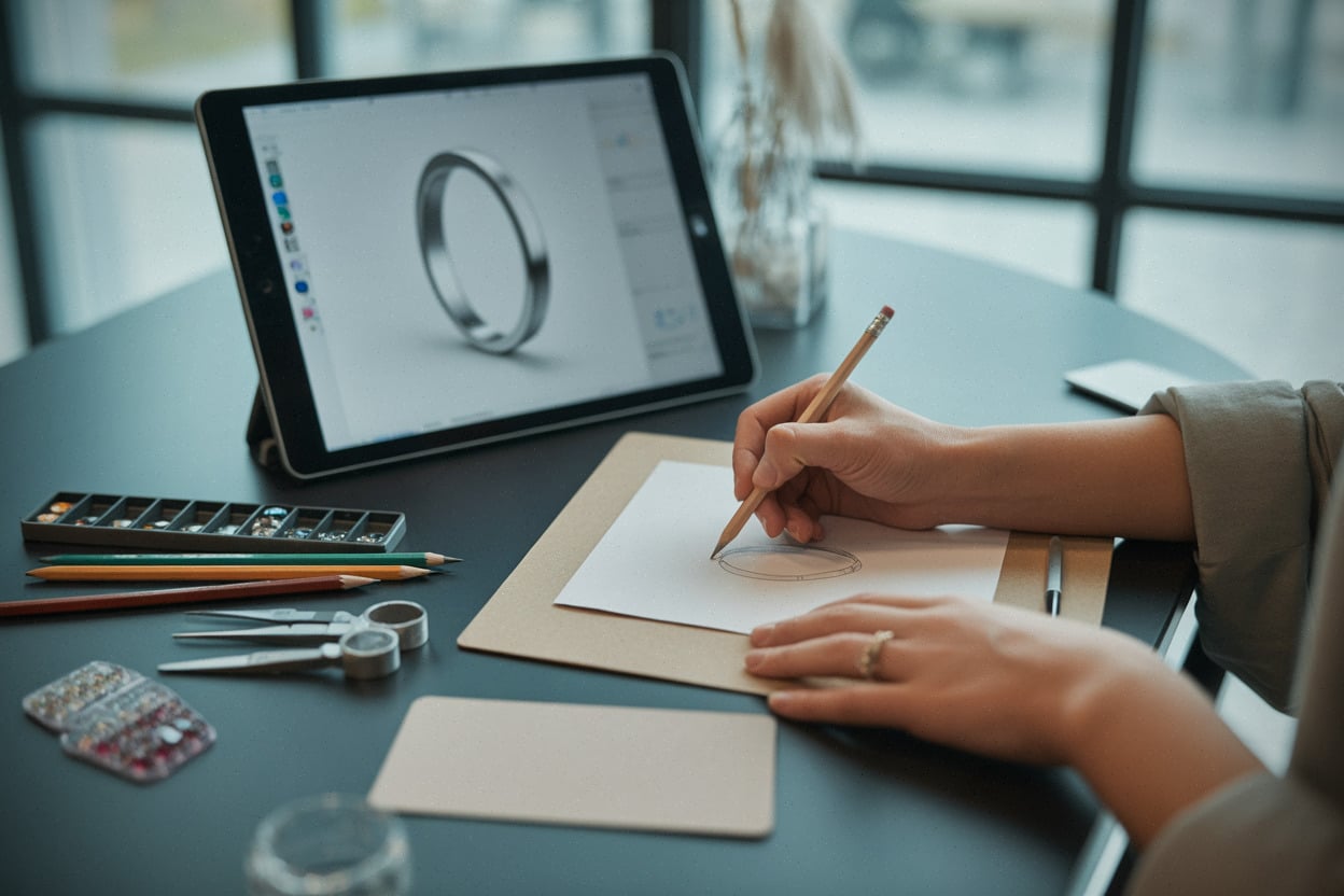 Dessin technique d’un bijou, croquis et outils de joaillerie sur table