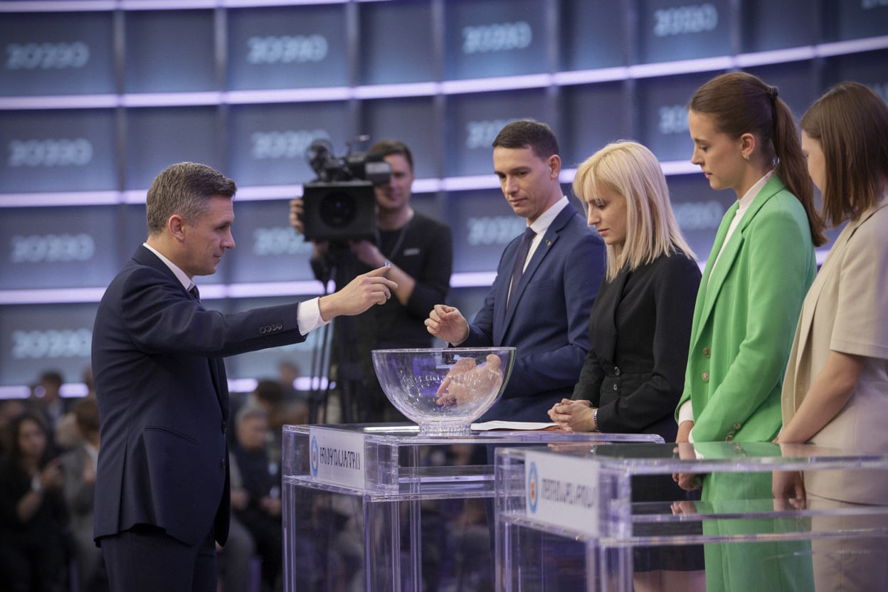 Salle de tirage UEFA à Monaco, officiels et boules transparentes