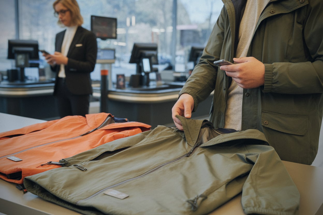 Comparaison de vestes K-Way en déstockage sur table, détails tissus et zips