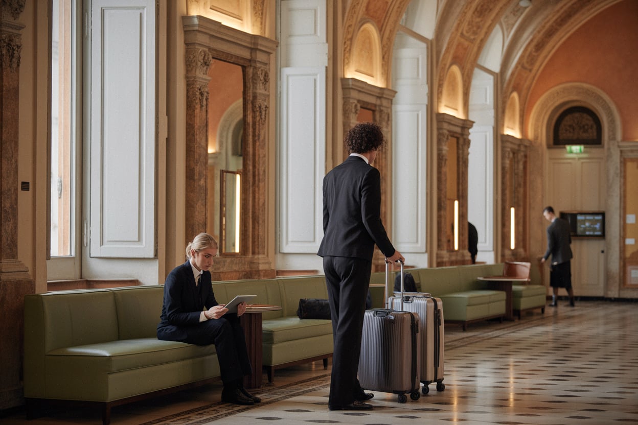 Lobby rénové du Danieli avec conciergerie et éclairage contemporain discret