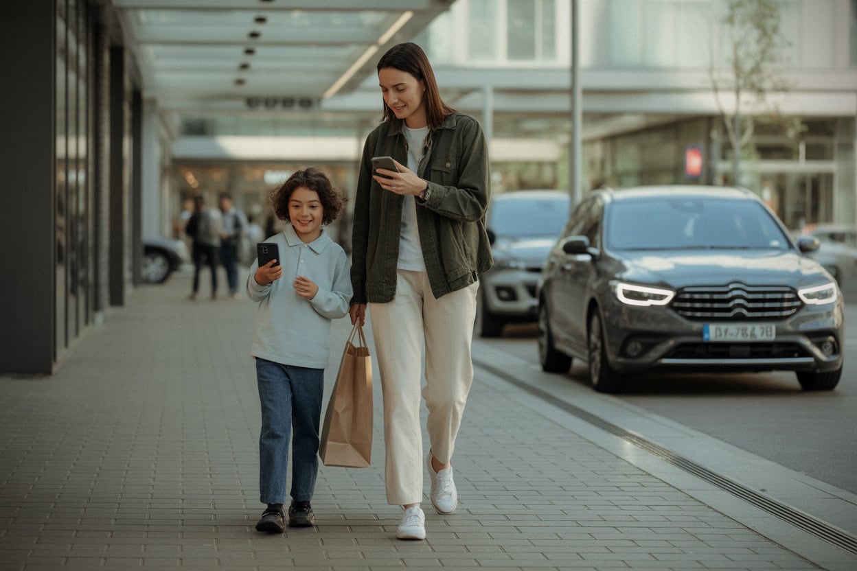 Parent et enfant achetant des vêtements de rentrée, entre magasin et commande en ligne