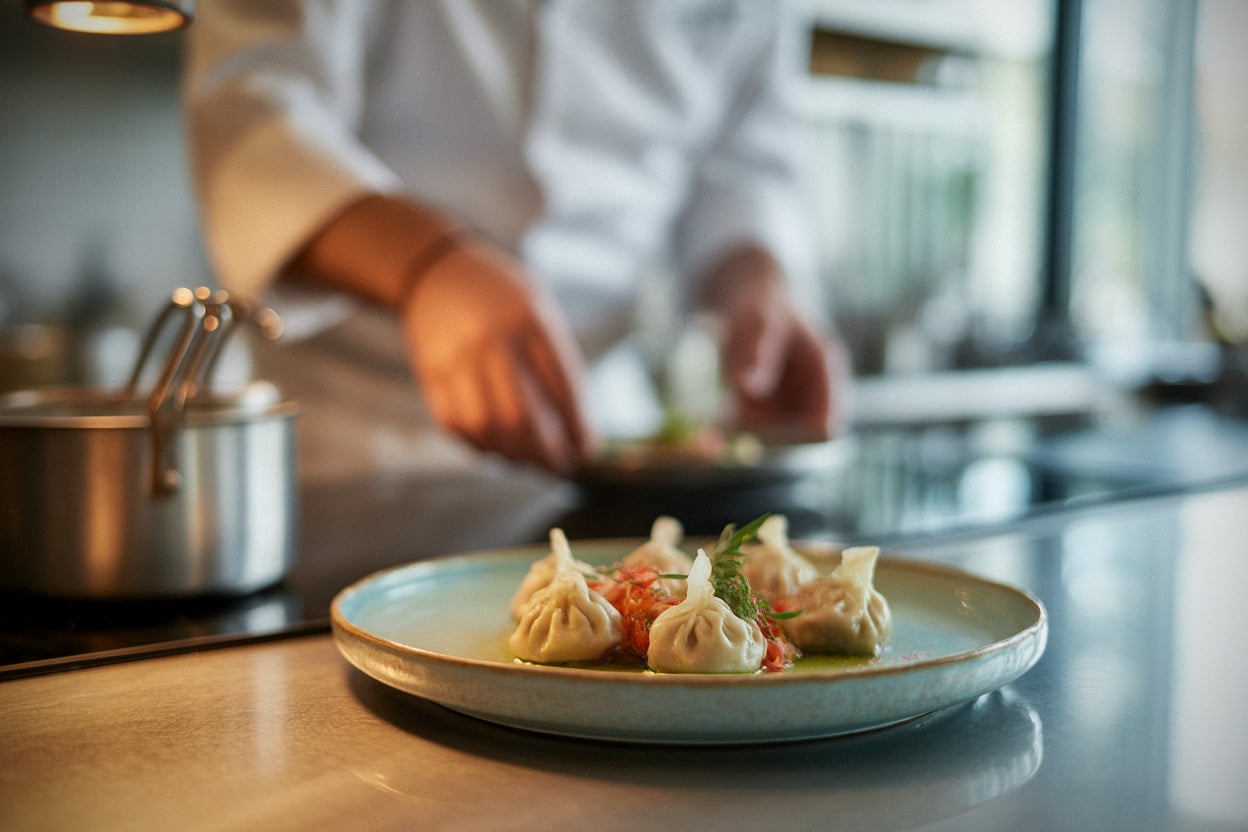 Assiette de gyozas servis dans un restaurant gastronomique suisse