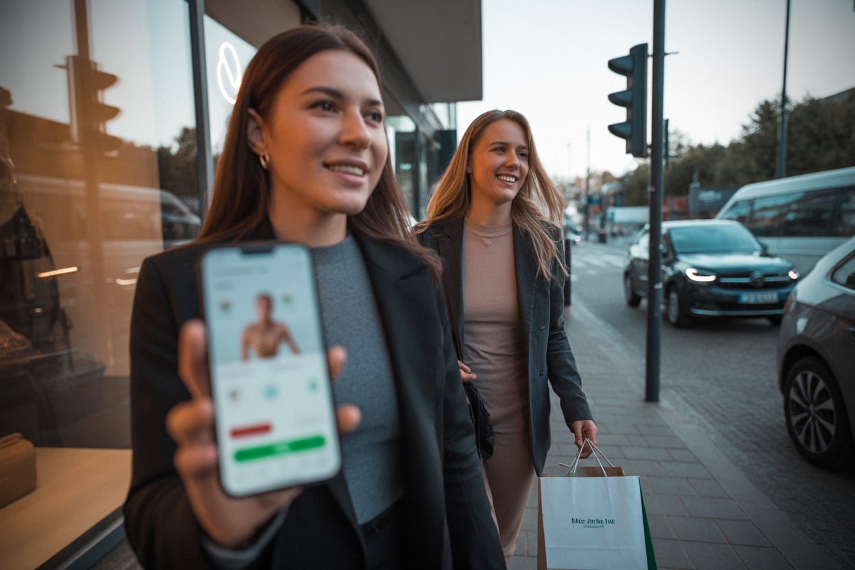 Consommatrices devant une boutique, discussion sur silhouette et achats