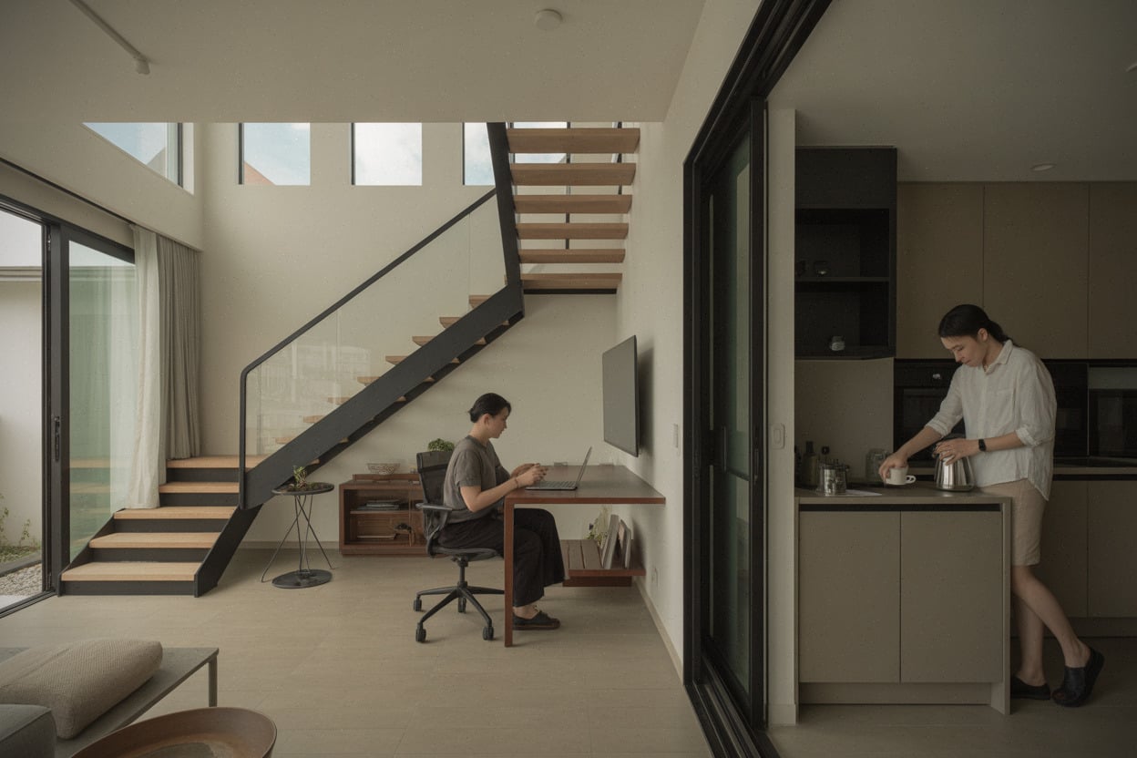 Intérieur de townhome premium à Ladprao avec bureau et cuisine ouverte