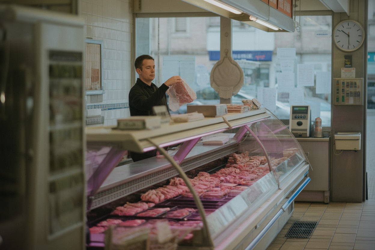 Intérieur d’une boucherie, vitrine réfrigérée et réorganisation en fin de journée