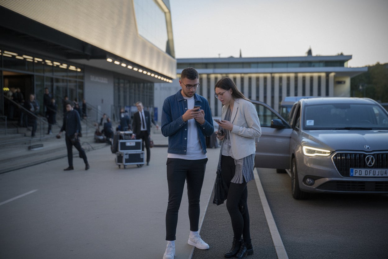 Supporters attendent des décisions près d’une salle de basket moderne