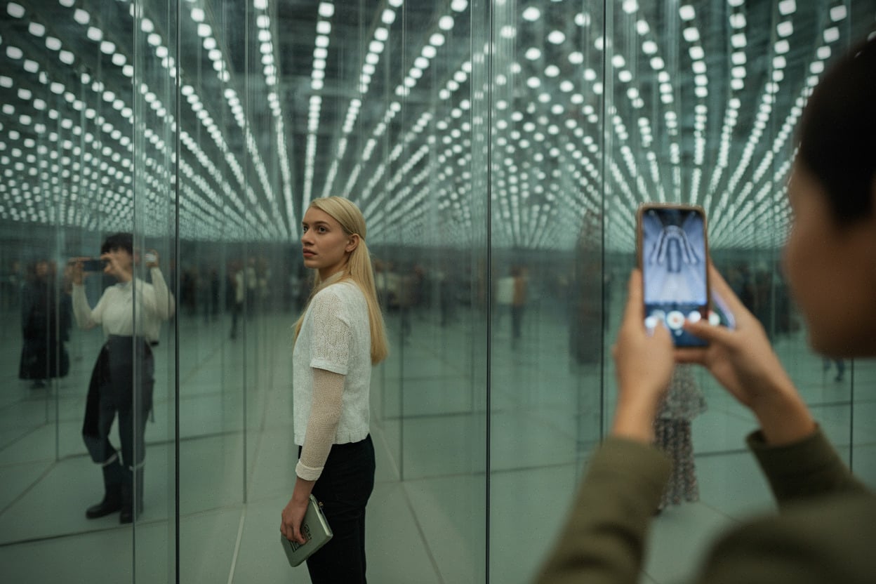 Visiteurs face à une installation immersive à pois dans un musée