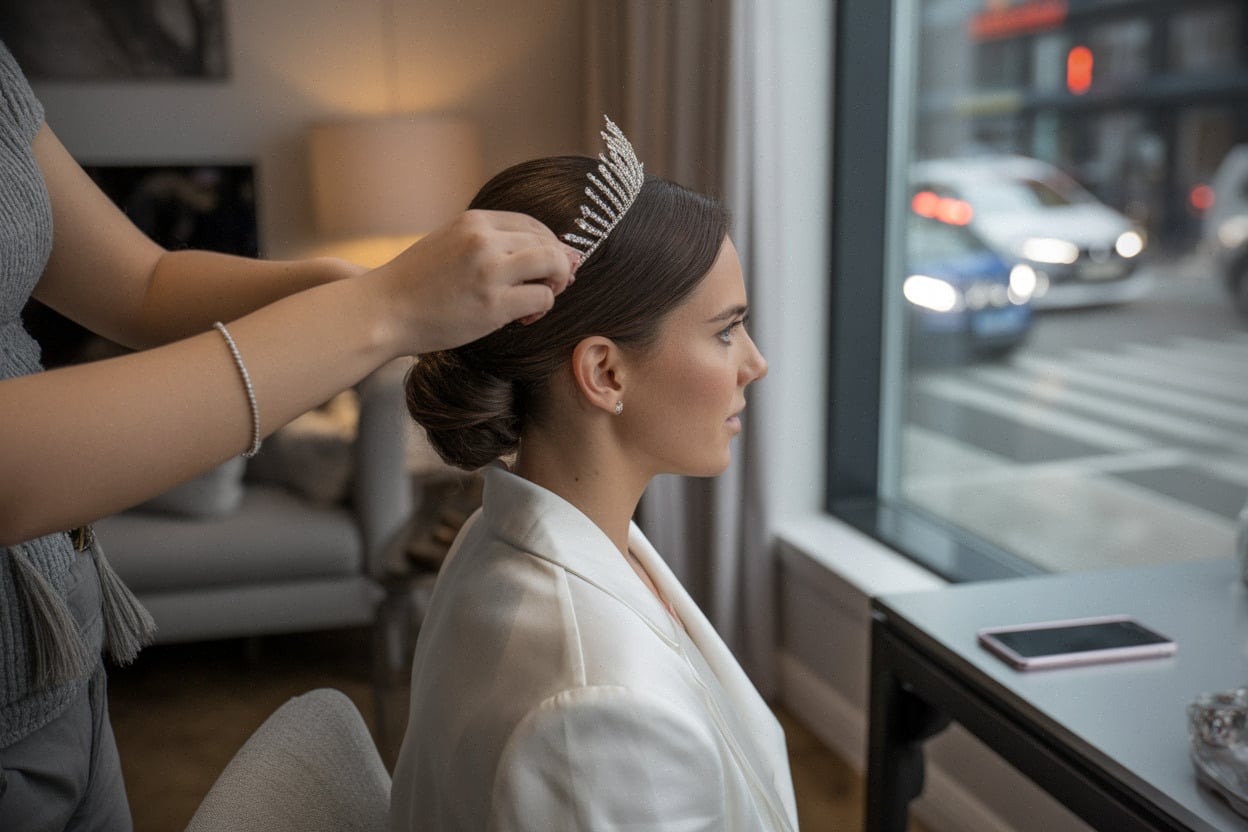Mise en place d’un diadème avant un mariage, référence au diadème Spencer.