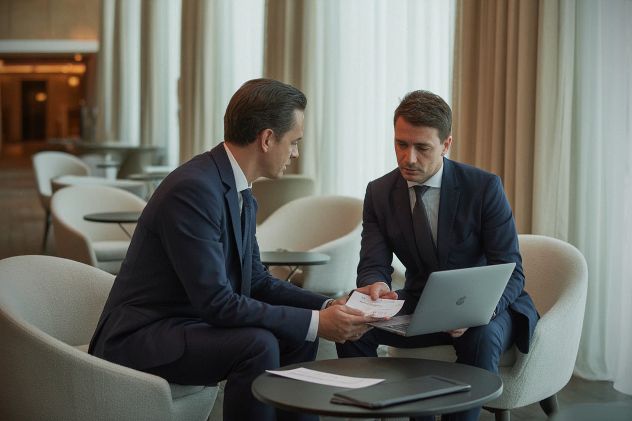 Réunion de financement dans un hôtel de luxe italien, documents sur ordinateur portable