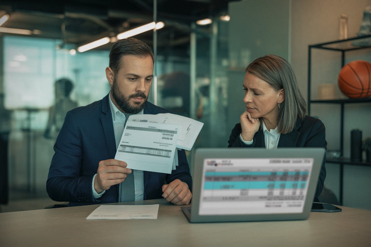 Dirigeants analysant des factures impayées et la trésorerie du club