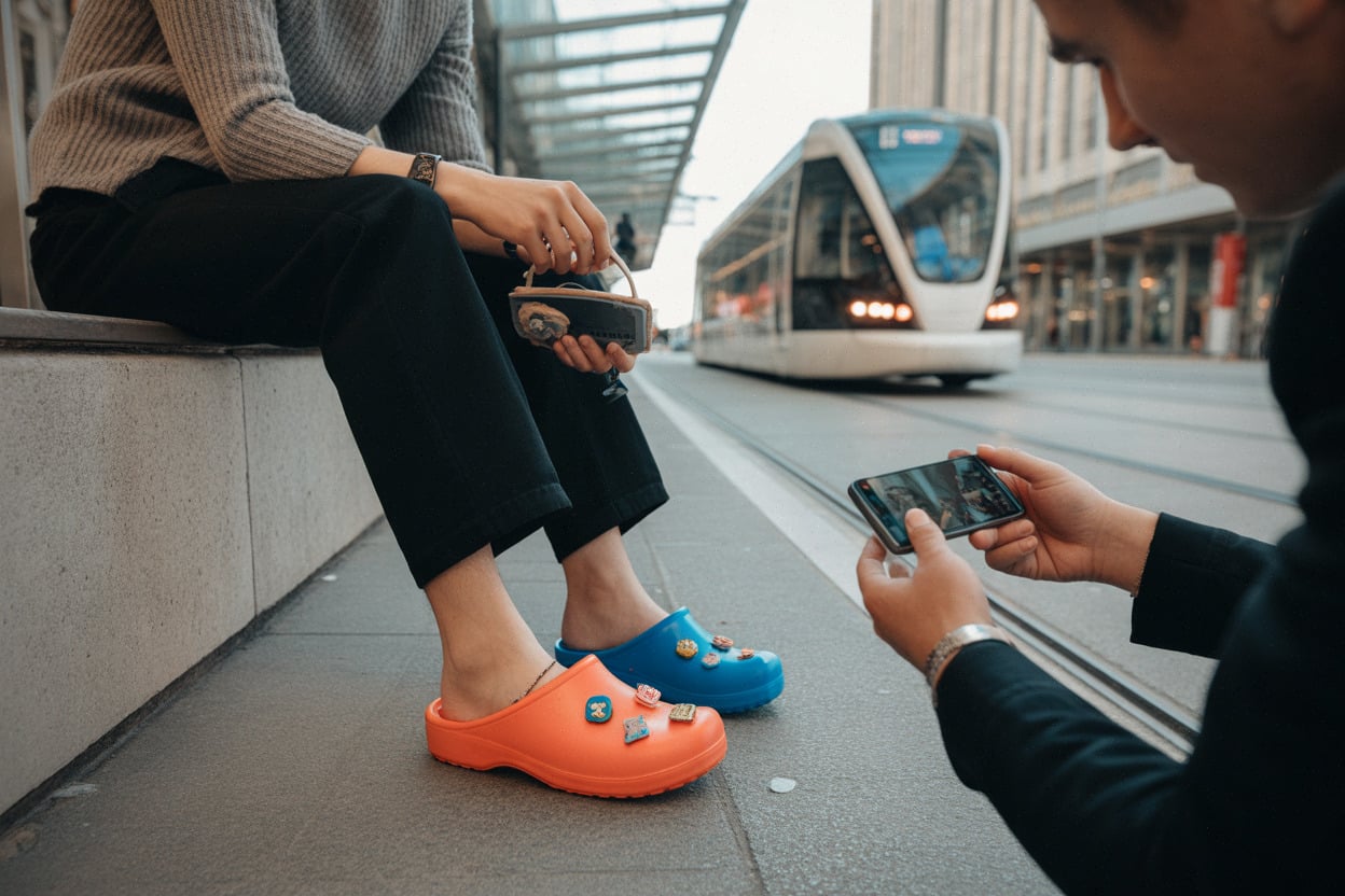 Personnalisation de sabots Crocs avec accessoires, scène lifestyle urbaine actuelle
