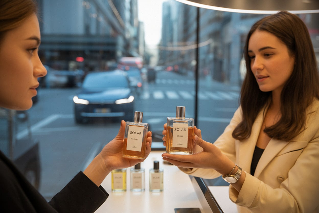 Cliente teste un parfum solaire en boutique Sephora, conseils personnalisés