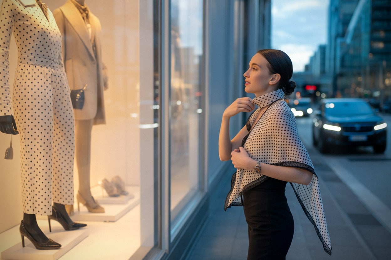 Scène urbaine devant vitrine de luxe à motifs pois contemporains