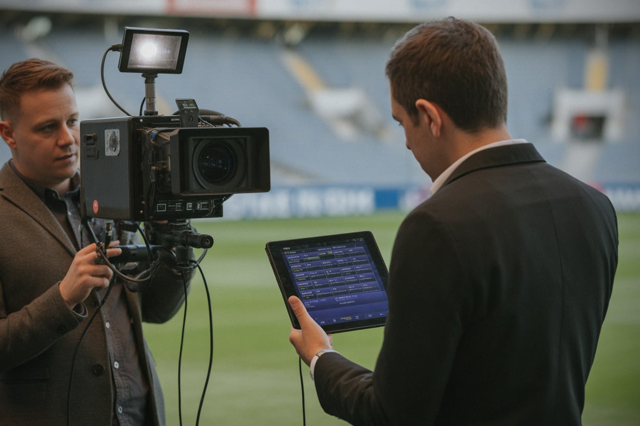 Technicien et journaliste préparant la diffusion TV des qualifications européennes