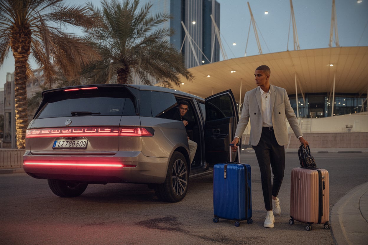Arrivée d’un footballeur en Arabie saoudite près d’un stade moderne