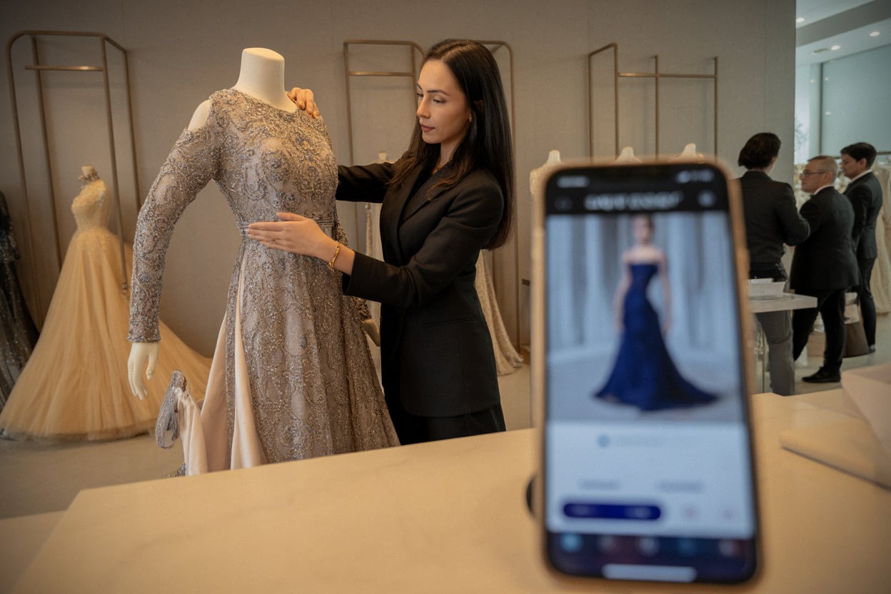 Marque vietnamienne présentant une robe de soirée dans une boutique du Golfe