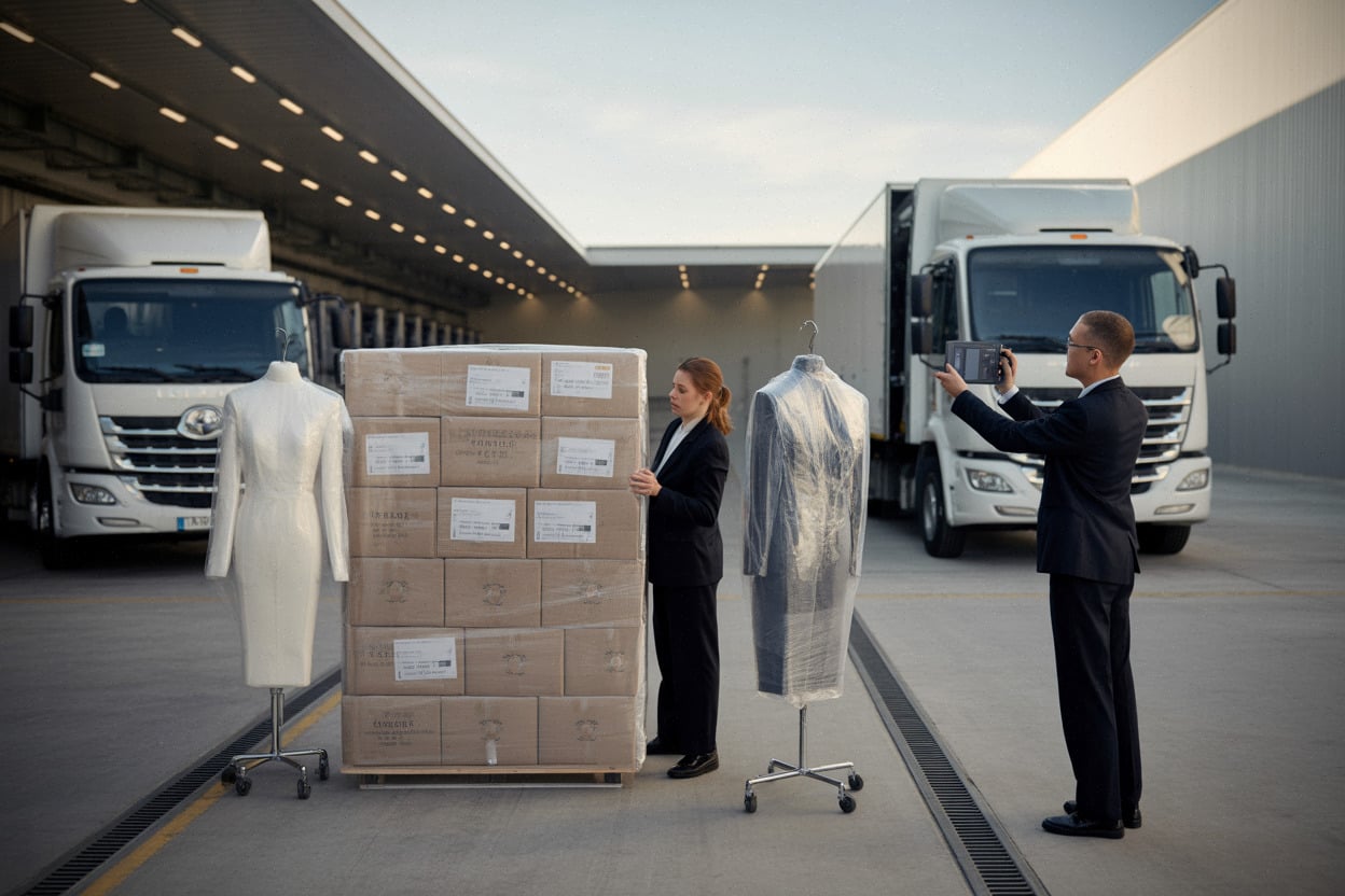 Préparation logistique de vêtements premium vietnamiens pour expédition au Moyen-Orient