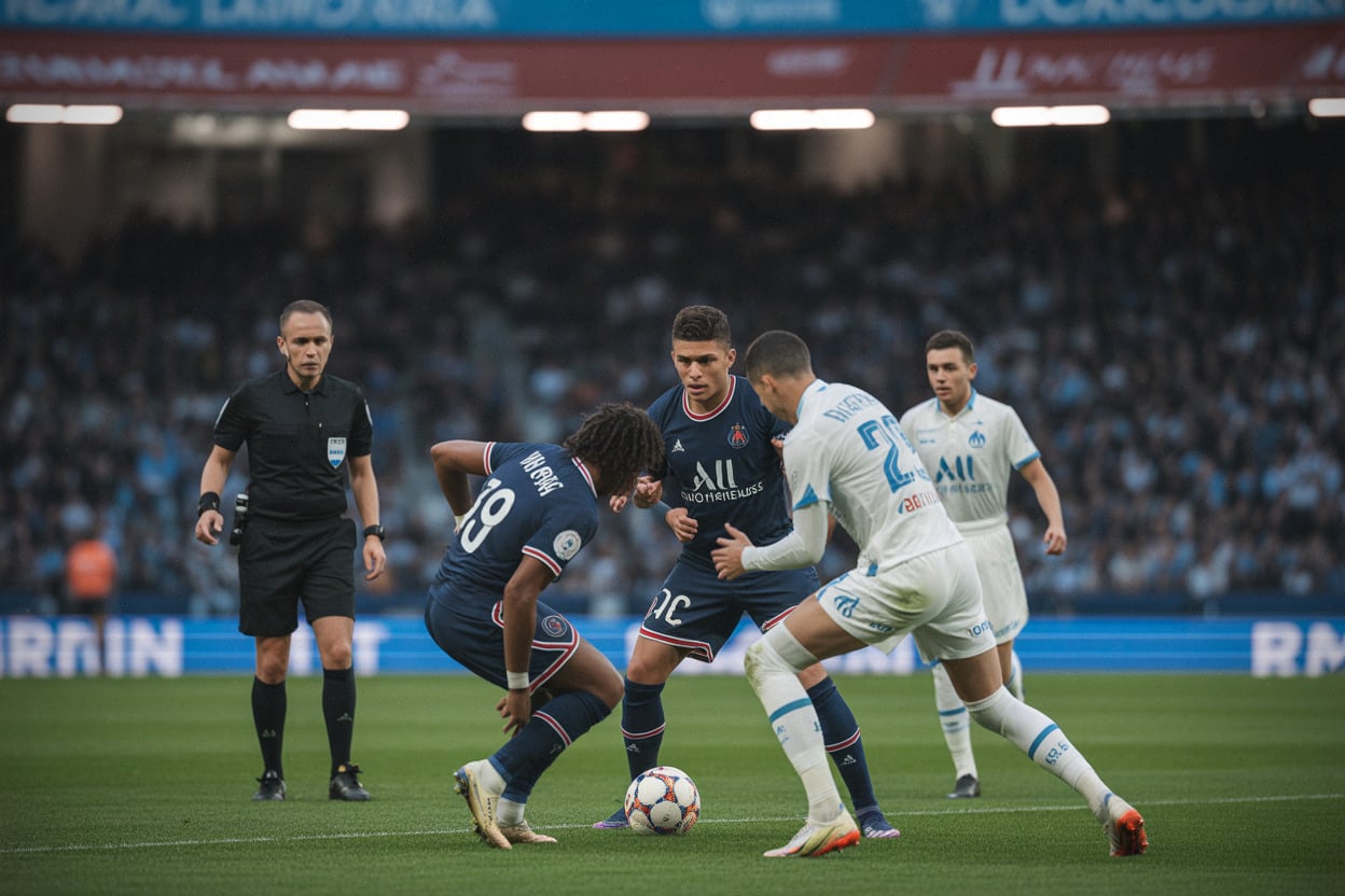 Duel Paris FC Marseille au milieu de terrain en Ligue 1