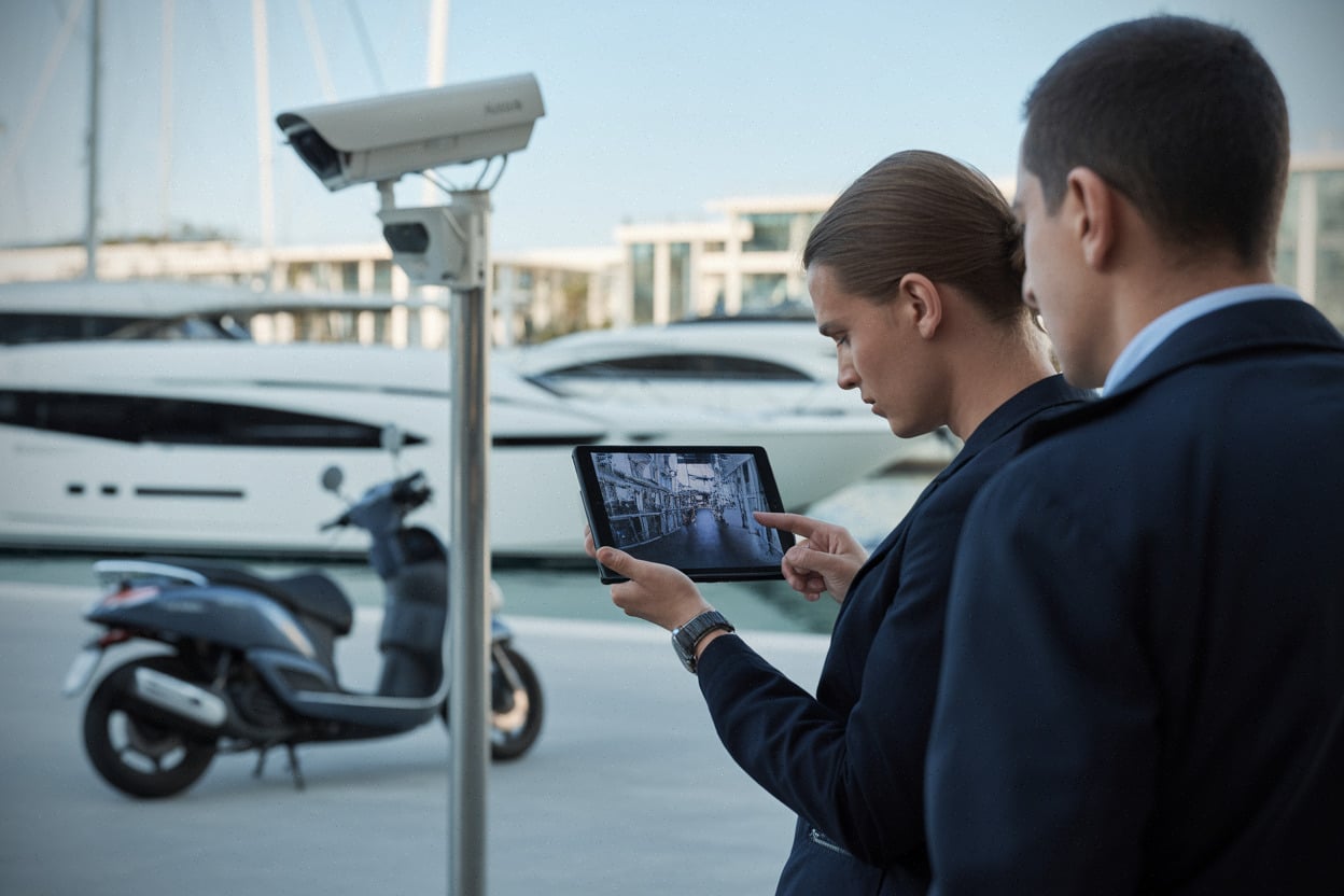 Policiers examinant des vidéos près du port de Monaco