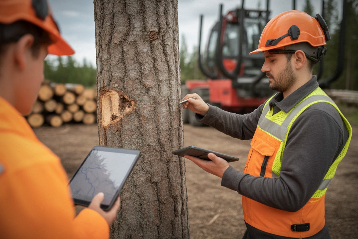 Bûcherons repérant des arbres attaqués par les scolytes après sécheresse