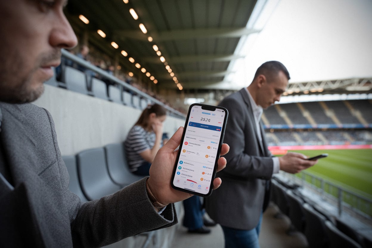 Supporters suivant PSG Monaco en direct sur smartphone au stade